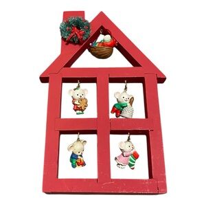 Avon A Merry Little Christmas Red Wooden House Display Stand Mice Ornaments 1988